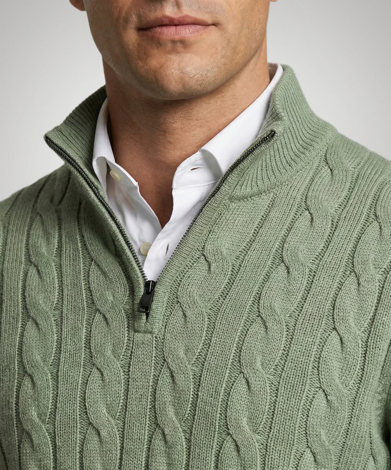 Trui Half-Zip Kabelpatroon Katoen | Light Olive - Image 5