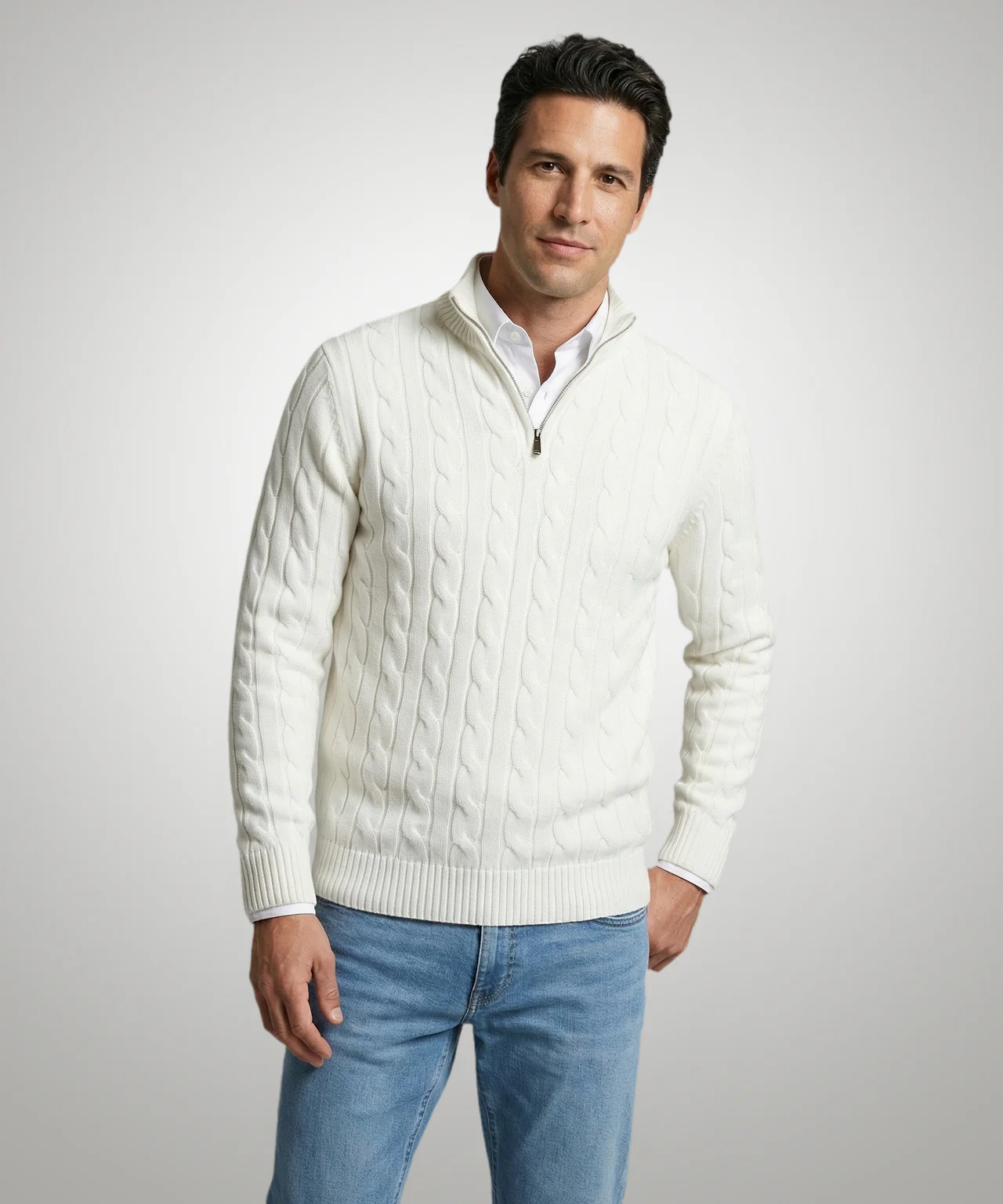 Trui Half-Zip Kabelpatroon Katoen | Off White