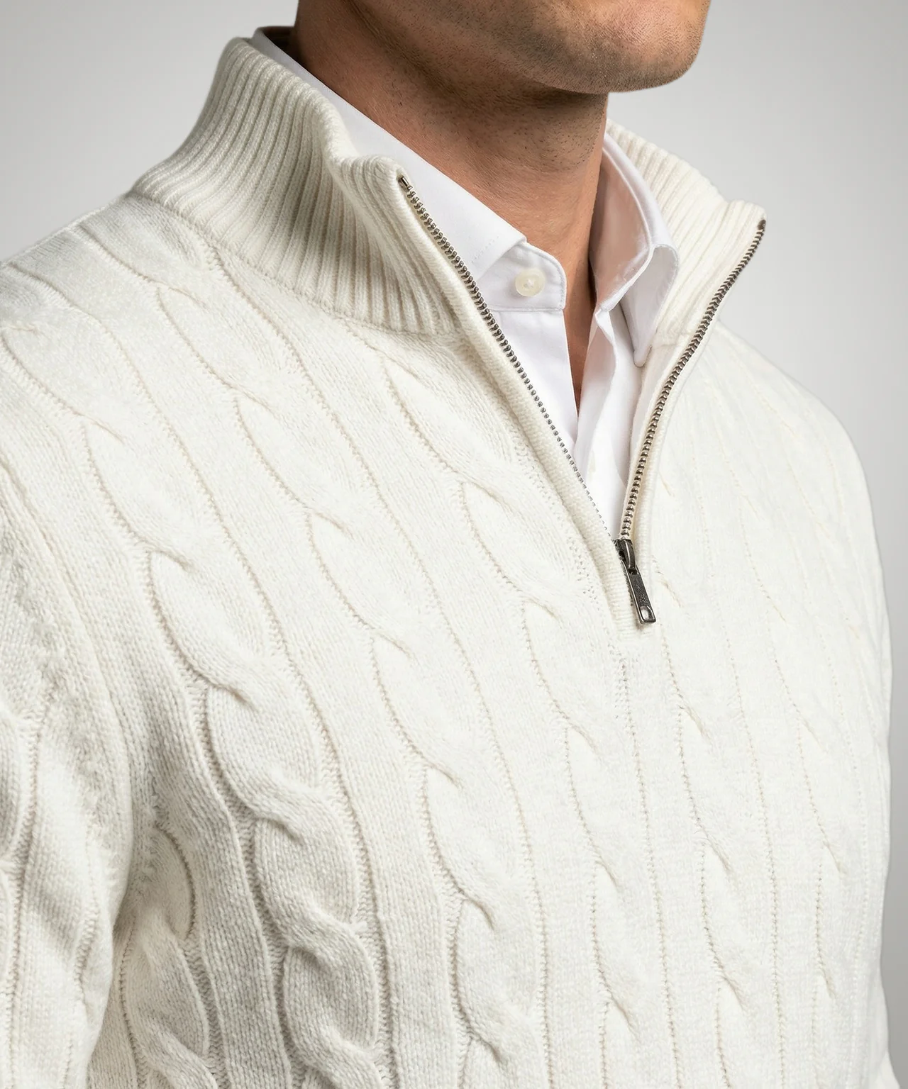 Trui Half-Zip Kabelpatroon Katoen | Off White - Image 5